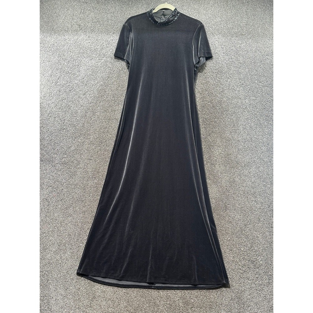 J.R. Nites Velvet Maxi Dress Women 8P Gray Beaded Mock Neck‎ Short Sleeve
